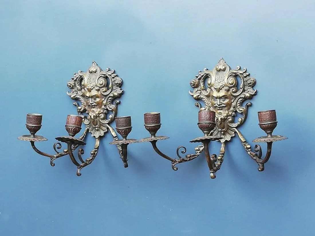 Antique 1900s French Bronze Wall Candle Sconces - a Pair - 5