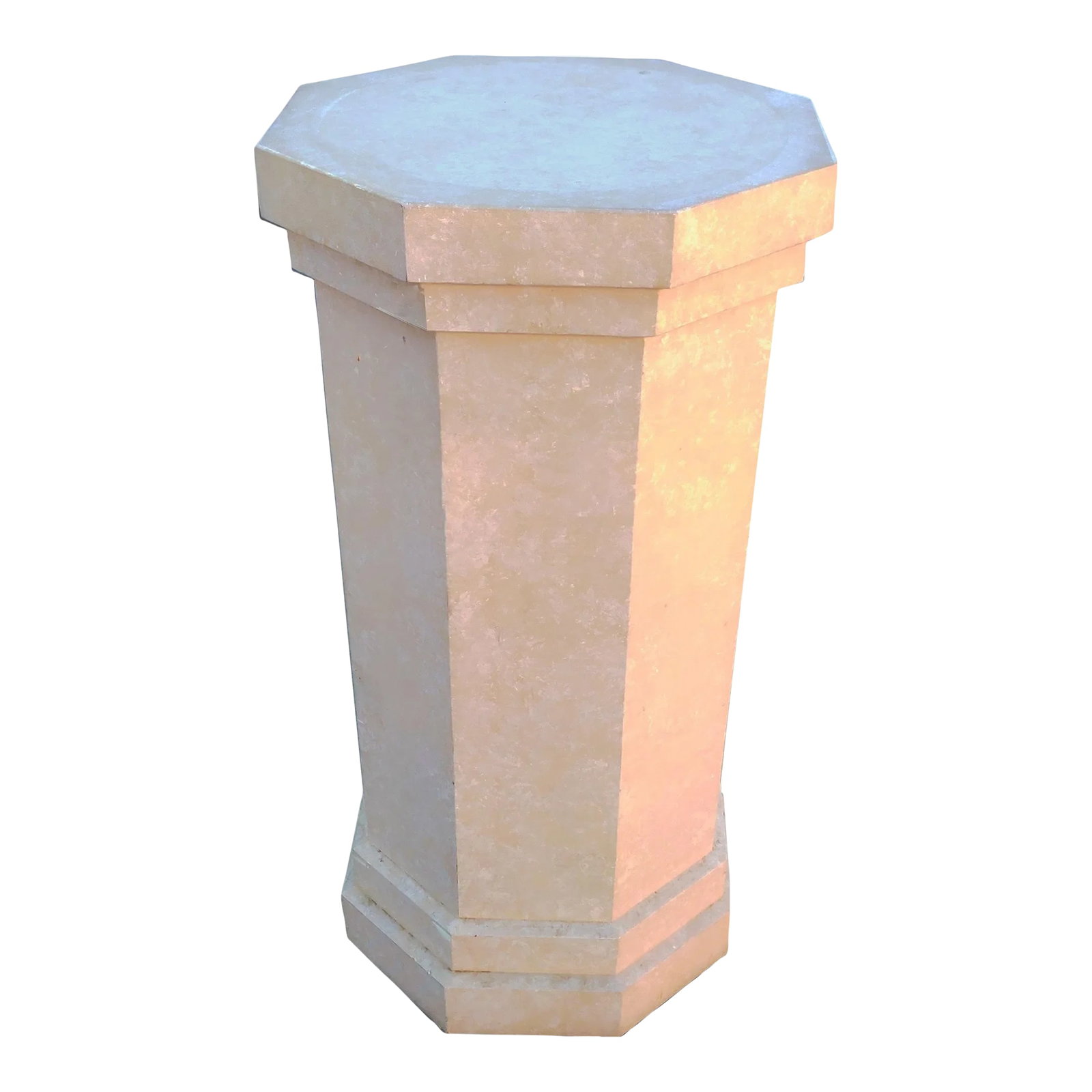 80's Post Modern 42" Tall Center Table Octogonal Shaped Plaster Finished Wooden Pedestal: At 42" tall this Postmodern pedestal column style center table has a number of uses including: a bistro table style cocktail table, a dramatic floral display base for a grand entry hall, a column
