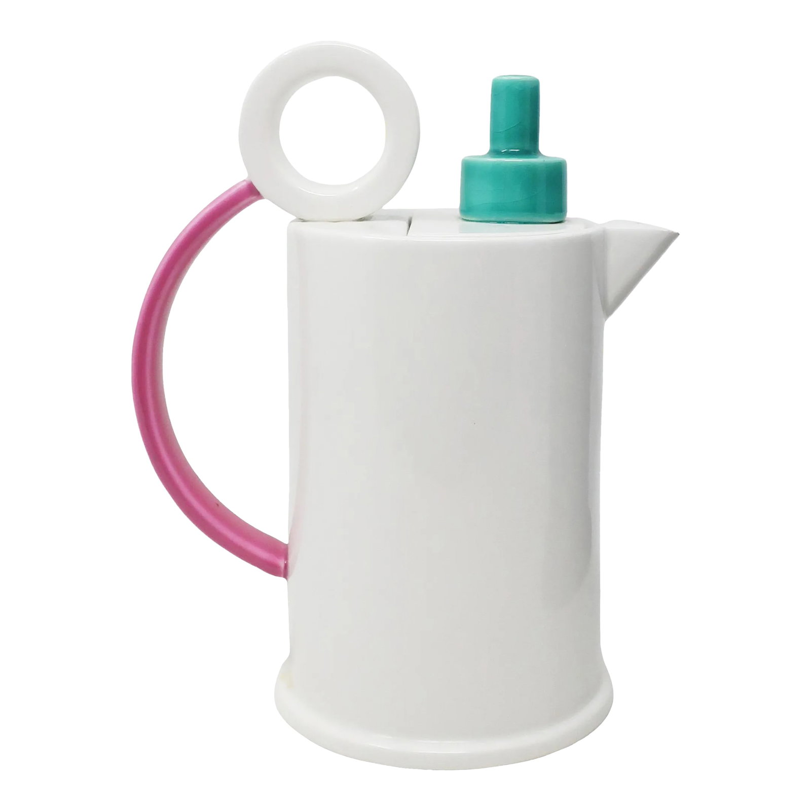 1980s Postmodern Ceramic Tea or Coffee Pot by Marco Zanini for Bitossi: Stunning postmodern ceramic tea or coffee pot from the Hollywood collection designed by Marco Zanini for Flavia Montelupo/Bitossi. White body, rounded pink handle, and stacked teal top show a clear