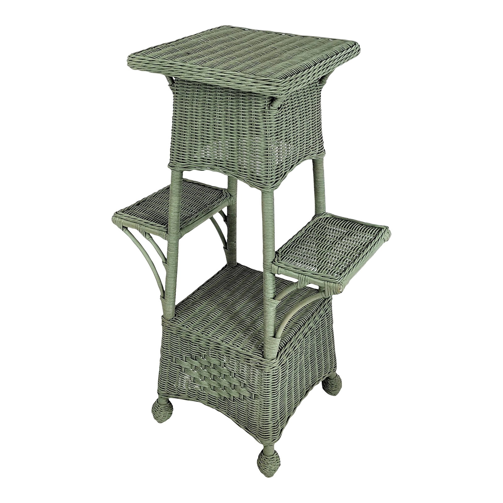 Vintage Wicker Floor Plant Stand Woven Rattan 3 Tier: Vintage 3 tier tall 42 in. green painted wicker floor plant stand, very sturdy. Lightly used, beautiful color, can even display 4 plants Side trays: W: 8in x D: 11.75 x H: 25 in Condition: Alterations
