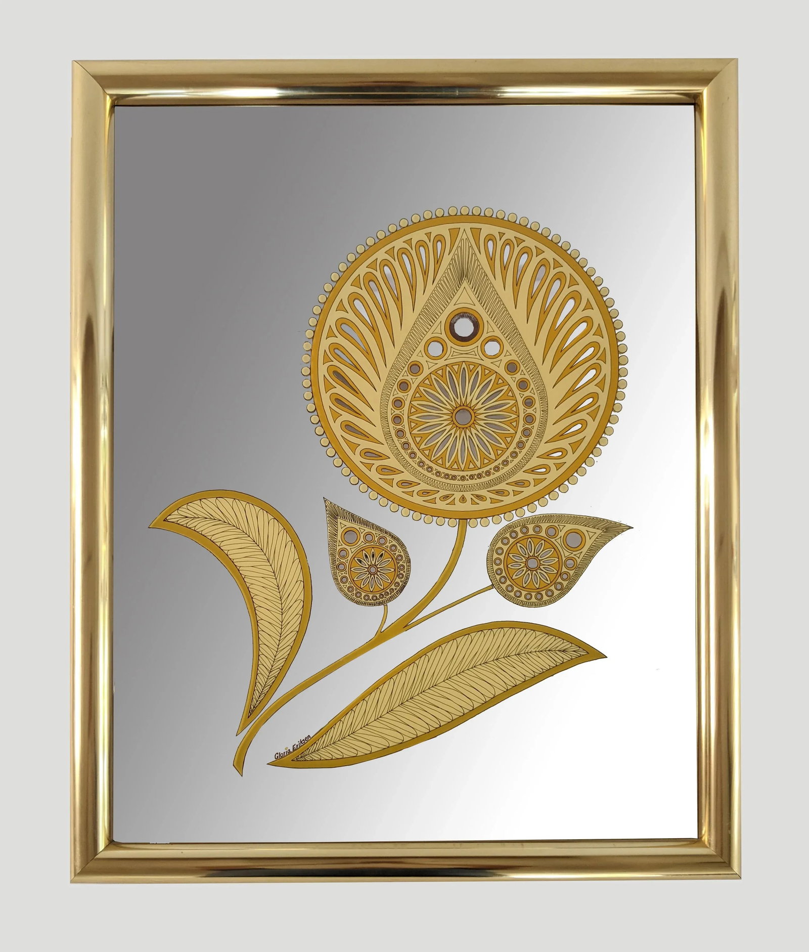 Vintage Gloria Eriksen Wall Mirror With Etched Golden Floral Pattern 1970's - 12