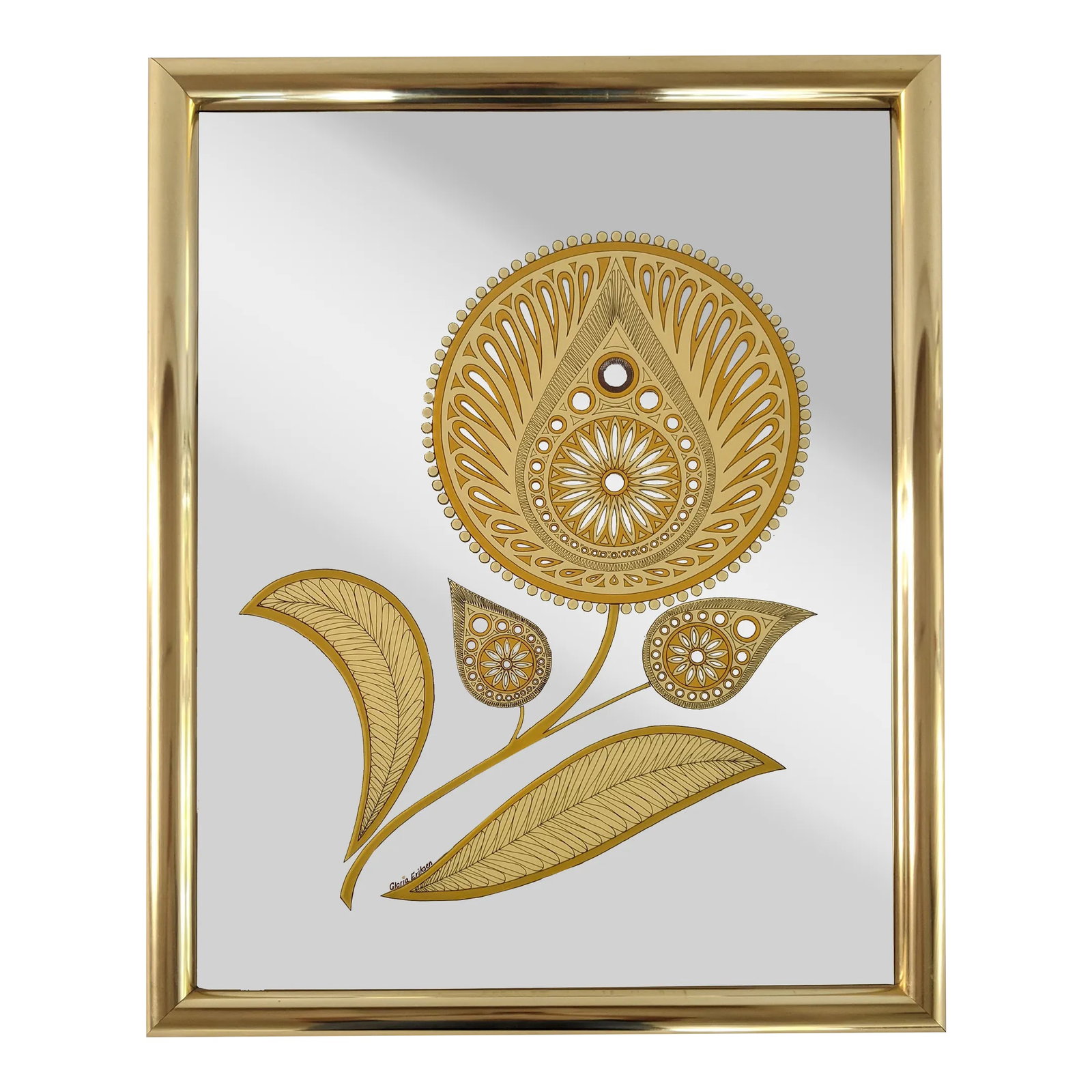 Vintage Gloria Eriksen Wall Mirror With Etched Golden Floral Pattern 1970's: Mid Century 1970's Etched Mirror with golden abstract floral pattern with a brass framed signed by Gloria Ericksen. This abstract floral pattern adds texture and dimension to any space. Condition: Alt