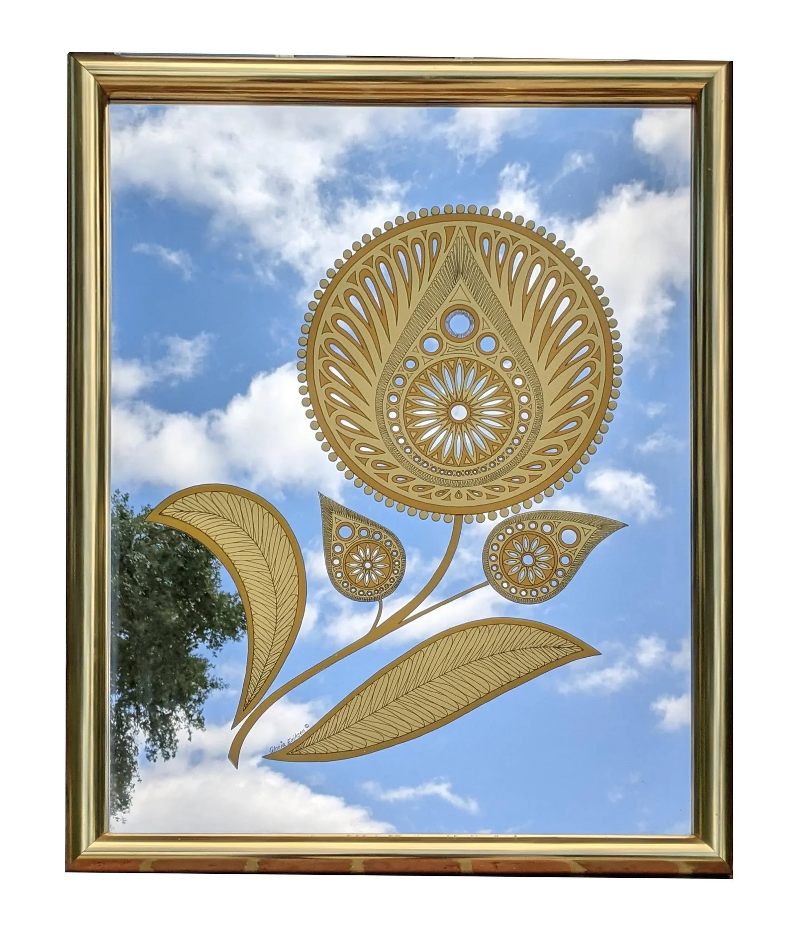 Vintage Gloria Eriksen Wall Mirror With Etched Golden Floral Pattern 1970's - 2