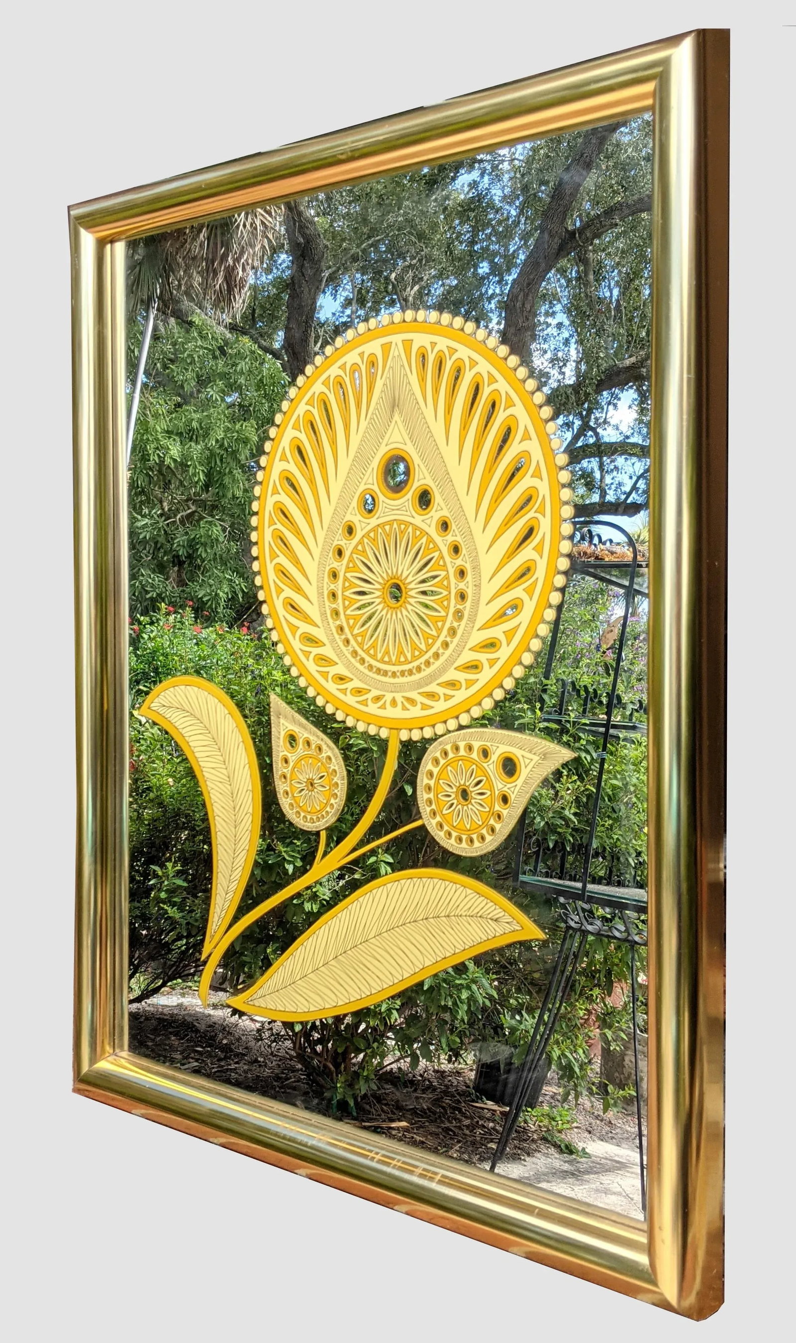 Vintage Gloria Eriksen Wall Mirror With Etched Golden Floral Pattern 1970's - 3