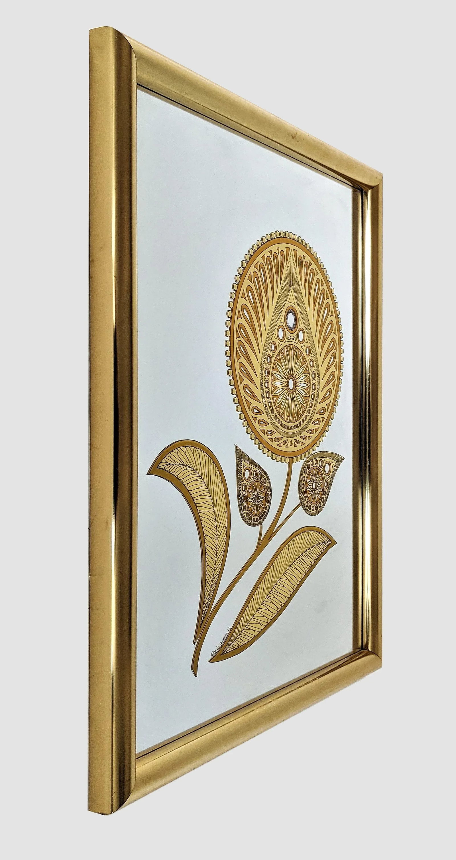 Vintage Gloria Eriksen Wall Mirror With Etched Golden Floral Pattern 1970's - 4