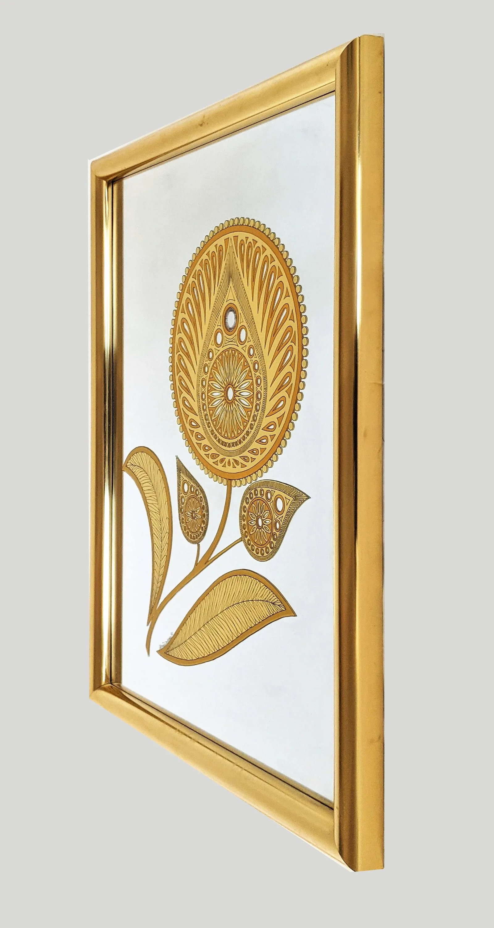 Vintage Gloria Eriksen Wall Mirror With Etched Golden Floral Pattern 1970's - 5