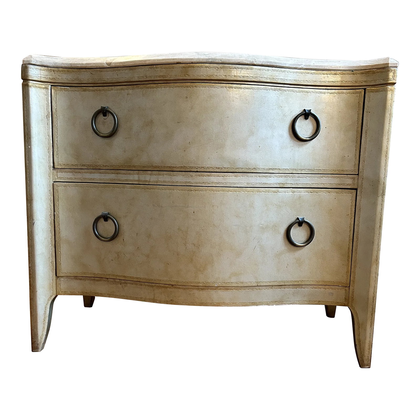 Maitland Smith Leather Covered Marble Top Chest of Drawers: Designed by Maitland Smith Ltd. Elegantly curved front with large round metal pulls. Two drawers with deep and wide storages space. Covered with leather with subtle metallic finish. Genuine marble