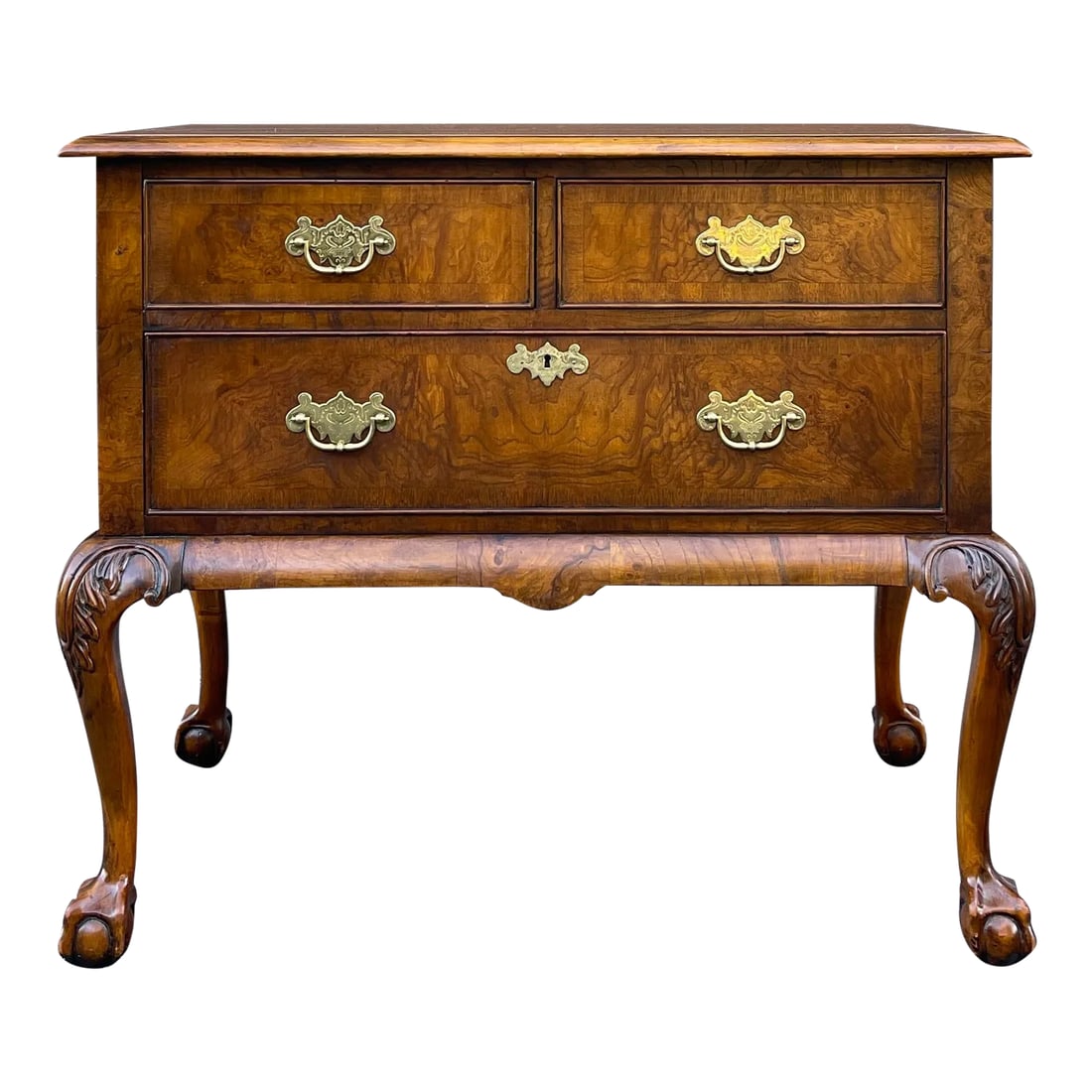 20th Century Hekman Chippendale Ball and Claw Maple, Walnut & Burl Wood Three Drawer Lowboy (1 of 11)