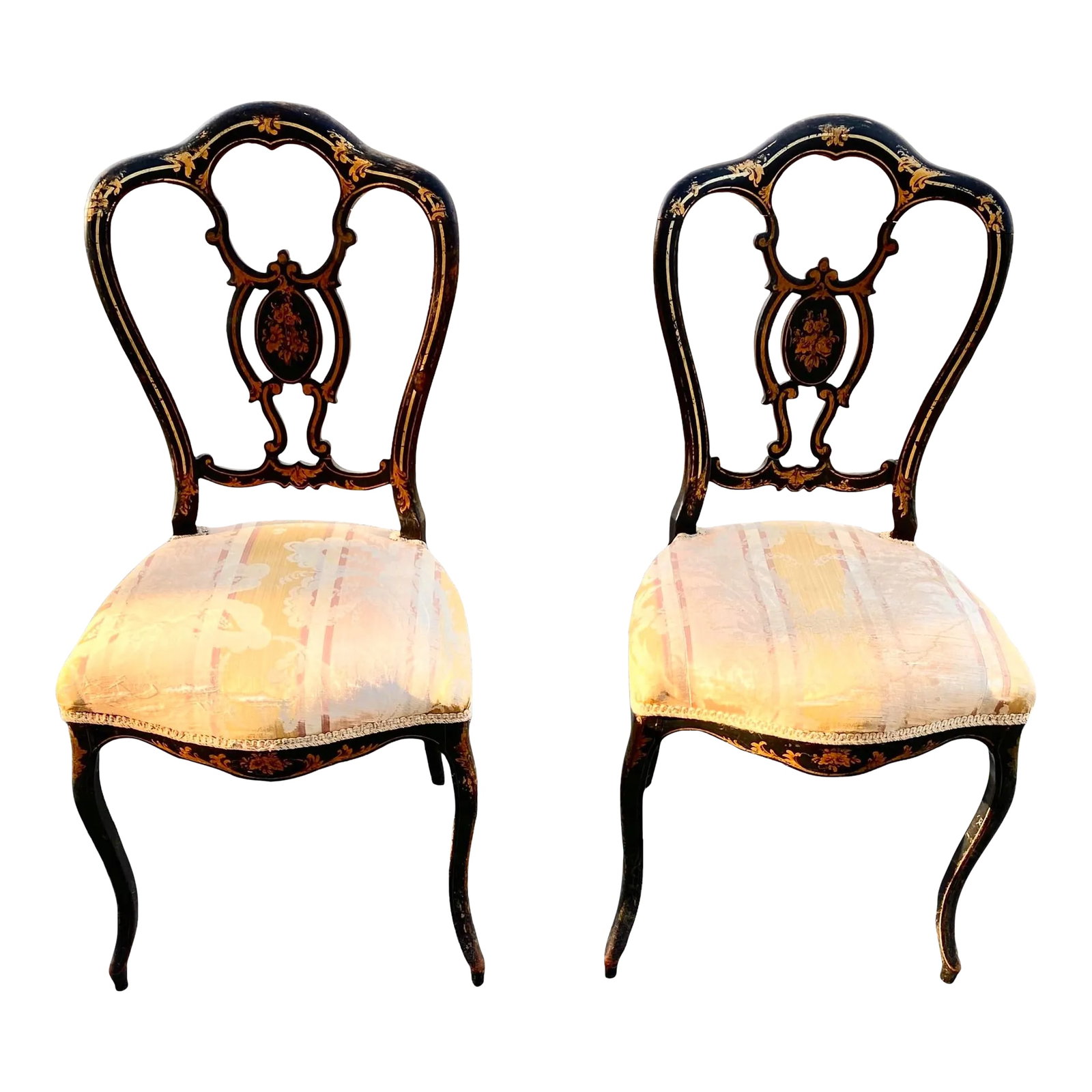 Mid 19th Century Pair of Napoleon III Chairs: Pair of Napoleon III period chaise chauffeuse with hand painted tole, c. 1860-1870 These would be charming in your entry flanking a table or in your bedroom or dressing room as extra seating for putti