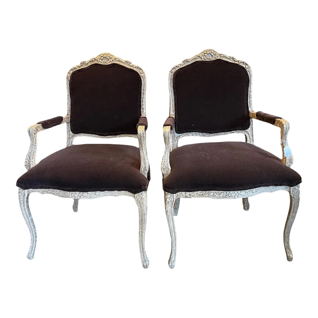 Late 20th Century Italian Made Louis XV Style Armchairs With Faux Finish - a Pair: Wonderful armchairs in a Louis XV style, made in Italy, they have a cream faux paint that gives effect of aged stone. Newly upholstered in a brown mohair velvet, they are perfect to add to the end of