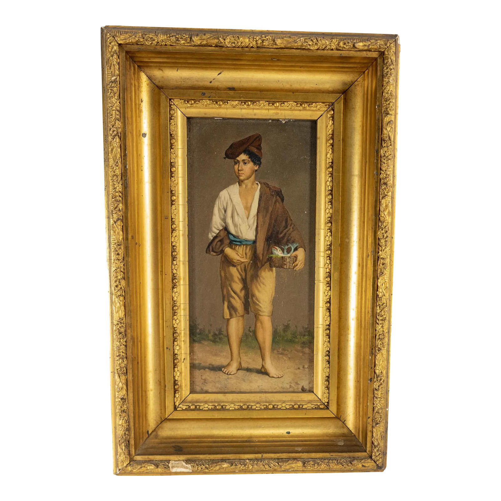 19th Century Italian Oil Painting on Wood Panel of a Young Merchant: We are selling this very fine small oil painting. This young man appears to probably be Italian and might be a fish merchant or work in a market. It is very finely painted in oils on a wood panel