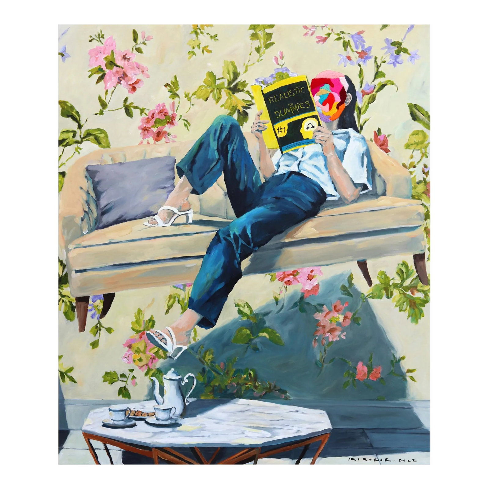 Afternoon Study Surrealist Portrait Original Artwork by Iqi Qoror: Iqi Qoror's surreal figurative paintings are arresting in their earthy palettes offset by pops of fluorescent textile embroidery. His artworks revolve around questions of trust, interspersed with