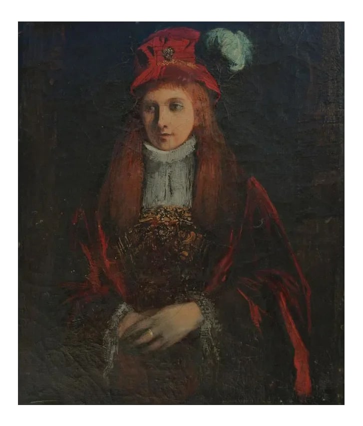 Young Irish Woman with Feathered Hat: Mid 19th Century portrait young Irish woman in c. 1570s dress with ruffle. Oil on canvas. Unsigned and unframed. Has some craquelure throughout. Condition: Condition Notes: Good - Moderate wear and