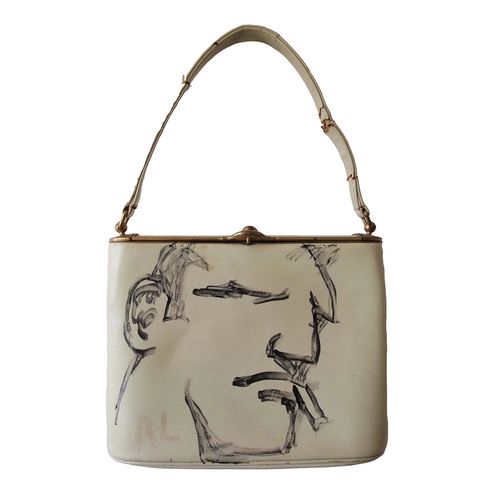 Vintage Robert Loughlin "1962" Brute Smoking Man Portrait Drawing Painting on Vintage Purse Outsider (1 of 9)