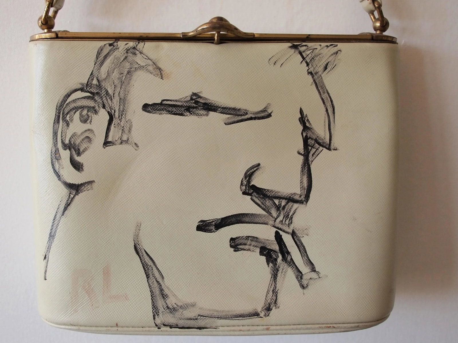 Vintage Robert Loughlin "1962" Brute Smoking Man Portrait Drawing Painting on Vintage Purse Outsider - 2