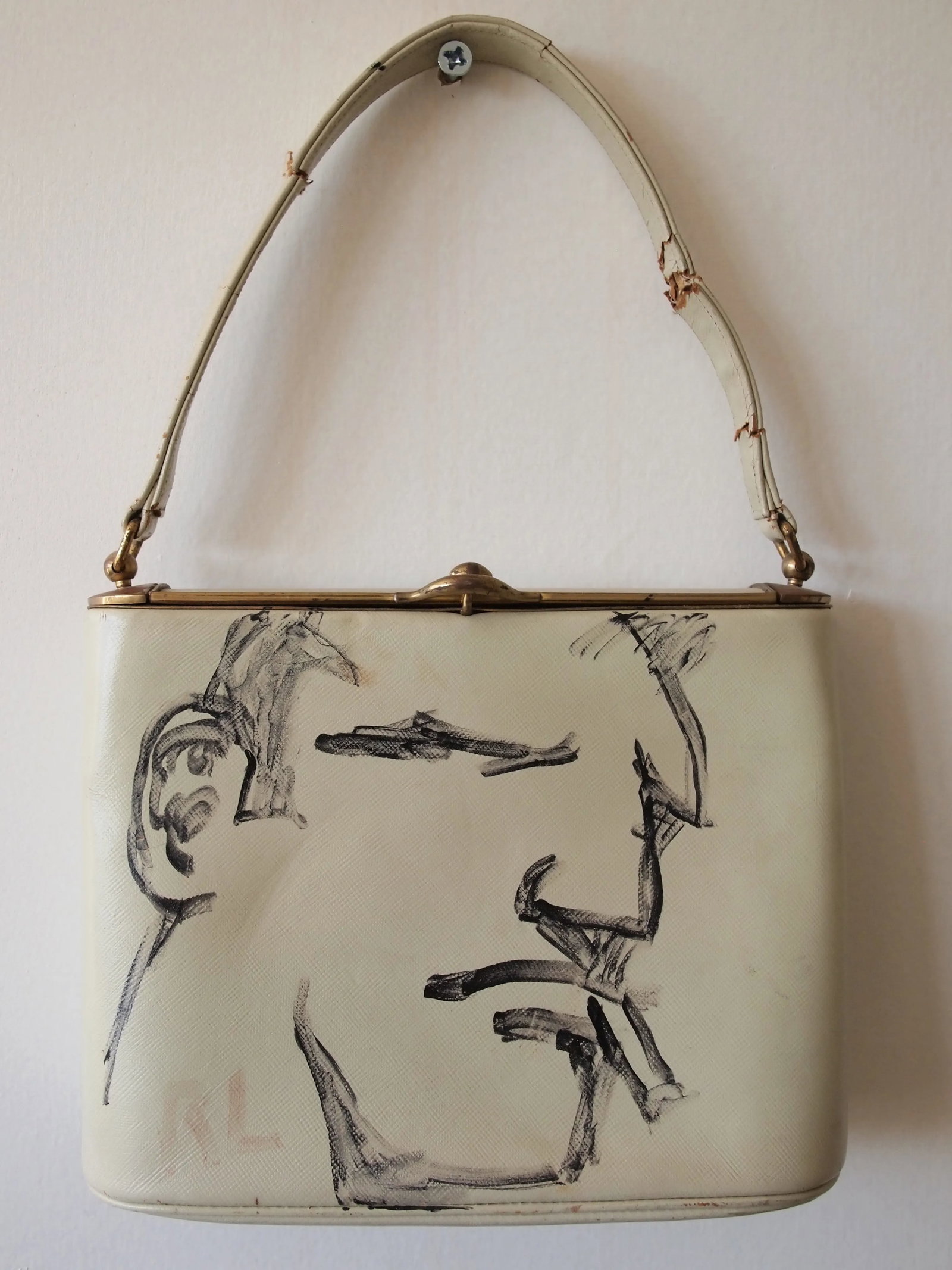 Vintage Robert Loughlin "1962" Brute Smoking Man Portrait Drawing Painting on Vintage Purse Outsider - 9