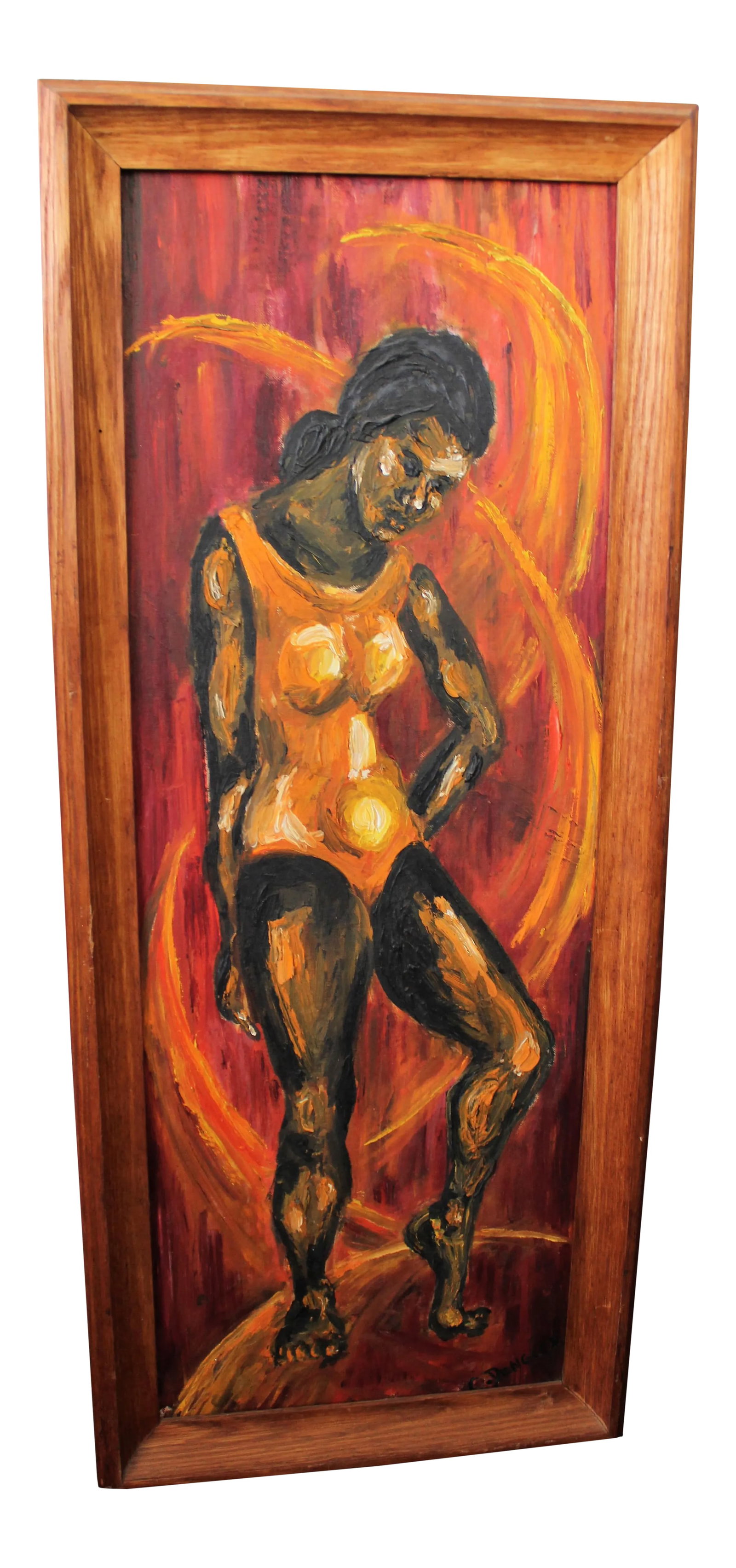 Mid-Century Modern Abstract C. Dengler Vintage Oil Painting of Woman: Offered is a vintage modern abstract oil painting of a woman on canvas, signed by Candy Dengler. The wooden frame shows some age wear, but the painting itself is intact and in good condition. We do