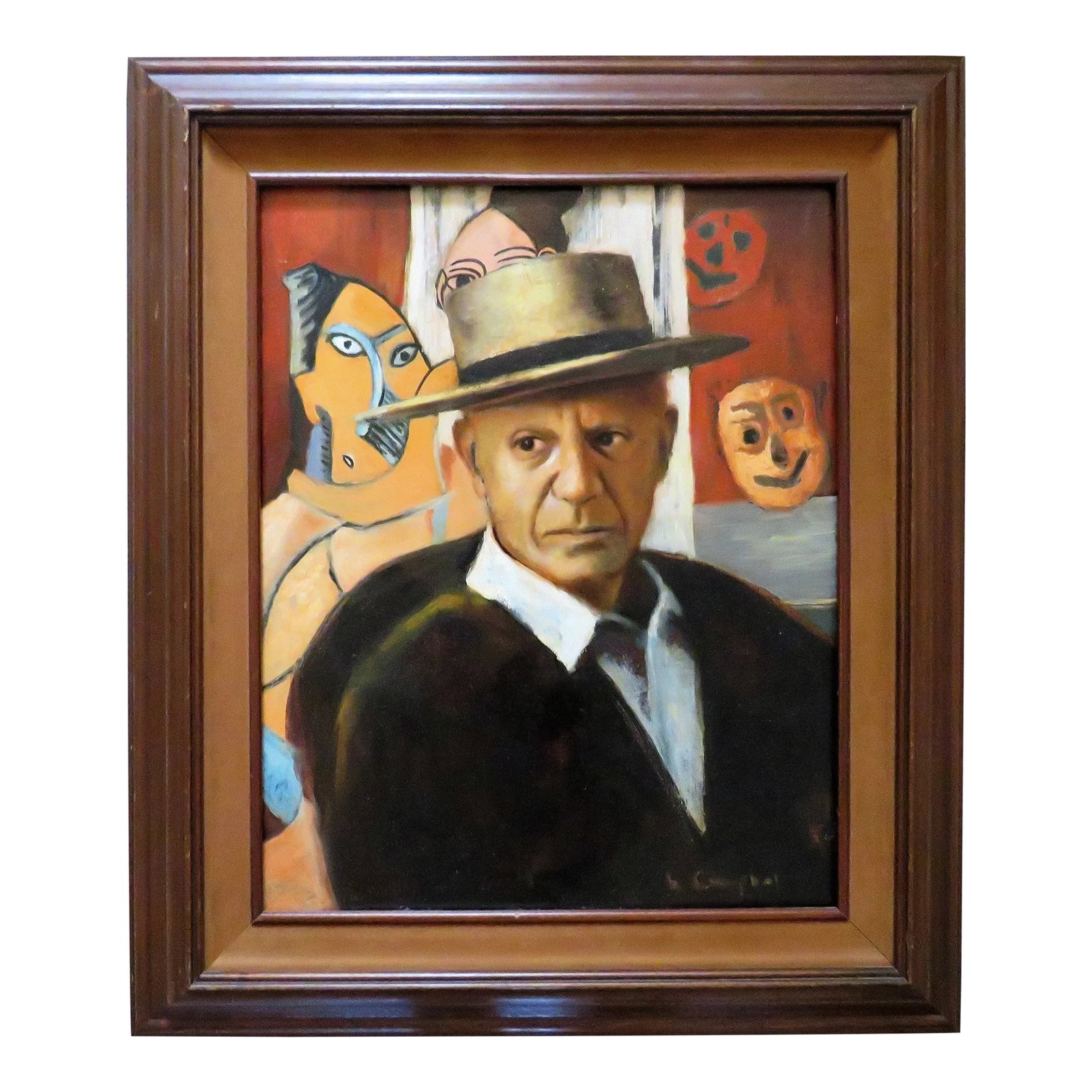 Portrait Oil Painting of Pablo Picasso Rare Mid Century Modern Signed: This is a rare vintage portrait painting of Pablo Picasso. Oil on Masonite. The painting itself measures 20" x 16" and is displayed in a period frame measuring 27.5" x 23". Signed lower right what