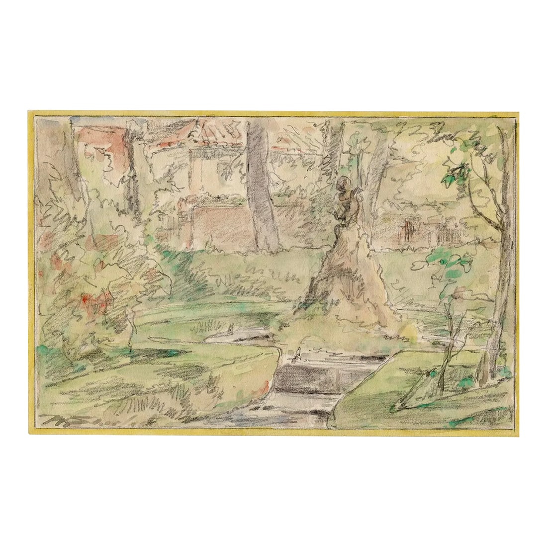 Walter Shirlaw Spanish Garden Watercolor: Watercolor of a park or garden in Granada, Spain by artist Walter Shirlaw (1838-1909). Shirlaw was born in Scotland and immigrated with his parents to America soon after. He was one of the first