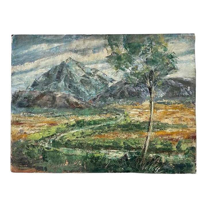 Vintage Landscape Painting by Vee Alexander: Heavily textured landscape of meadows with hills in the distance. Oil paint on heavy paper. Signed lower left, scratched into the paint, "Vee Alexander". Condition: Alterations: Original Condition Una