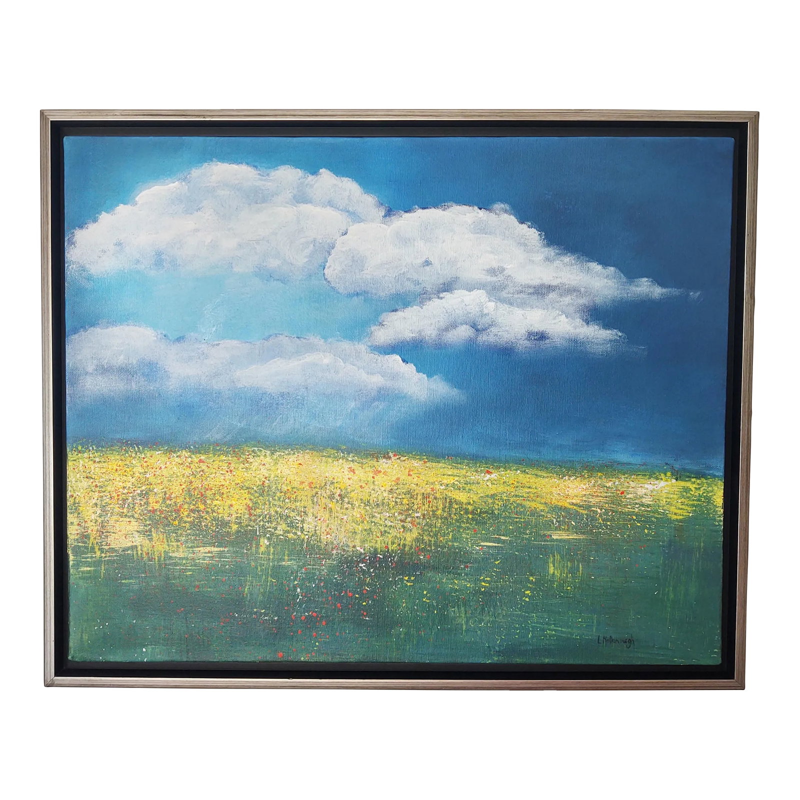 Poppies and Buttercups Contemporary Original Impressionist Style Landscape Painting by Linda McDon: Puppies and Buttercups is an original acrylic landscape painting by Linda McDonough. Bright pops of yellow and dots of red add to the impressionistic feeling. Mounted in a black Illusions frame with