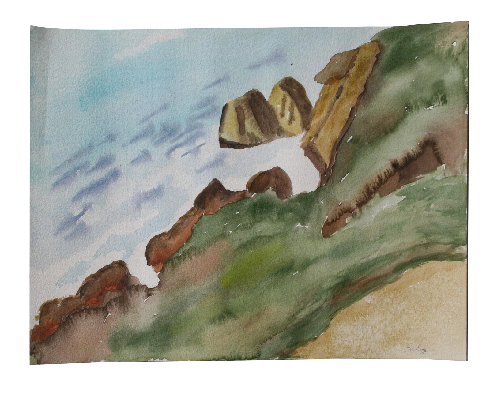 Vintage Original Coastal Watercolor: Watercolor on paper seascape with beautiful color and interesting perspective. Signed "Saling" lower right. Condition: Condition Notes: Excellent - Minor wear consistent with age and history