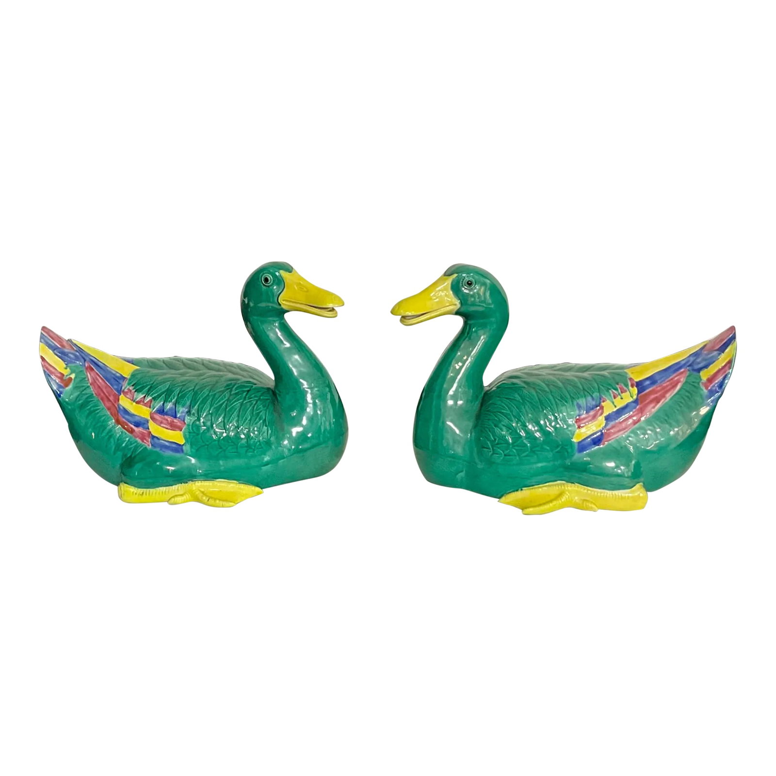 Large Scale Chinese Export Style Hand Painted Ceramic Ducks - Pair: This is a pair of large scale Chinese Export ducks in very good condition. They have such vivid colors! Condition: Alterations: Original Condition Unaltered Imperfections: Some Imperfections