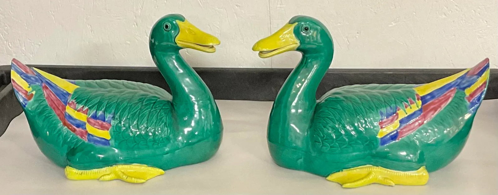 Large Scale Chinese Export Style Hand Painted Ceramic Ducks - Pair - 7