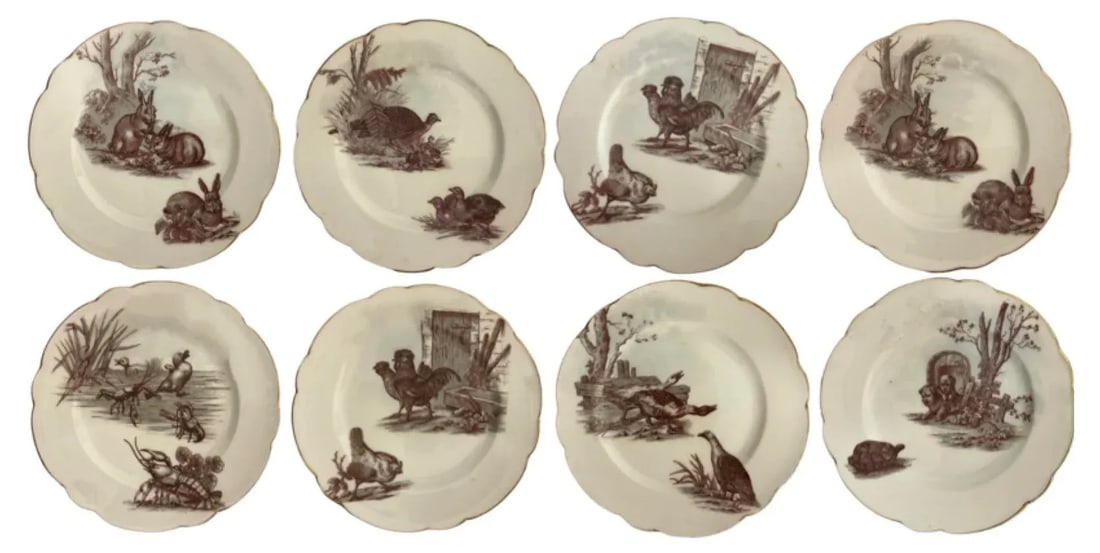 19th-Century Set of 8 French Limoges Dessert Plates - Rabbits, Birds, Puppies - 11