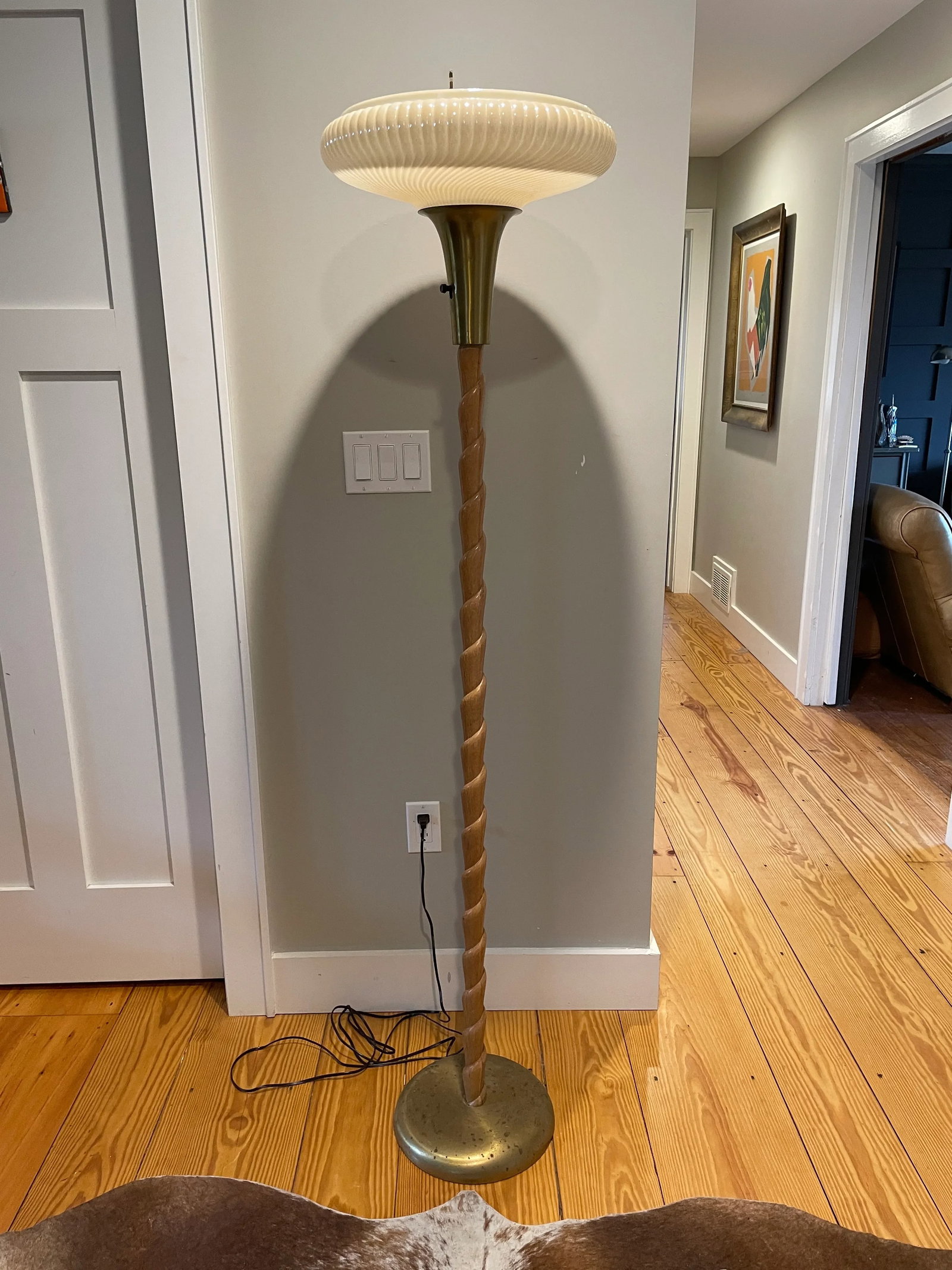 1930s Russel Wright Twisted Cerused Oak Brass Torchiere Floor Lamp - 10