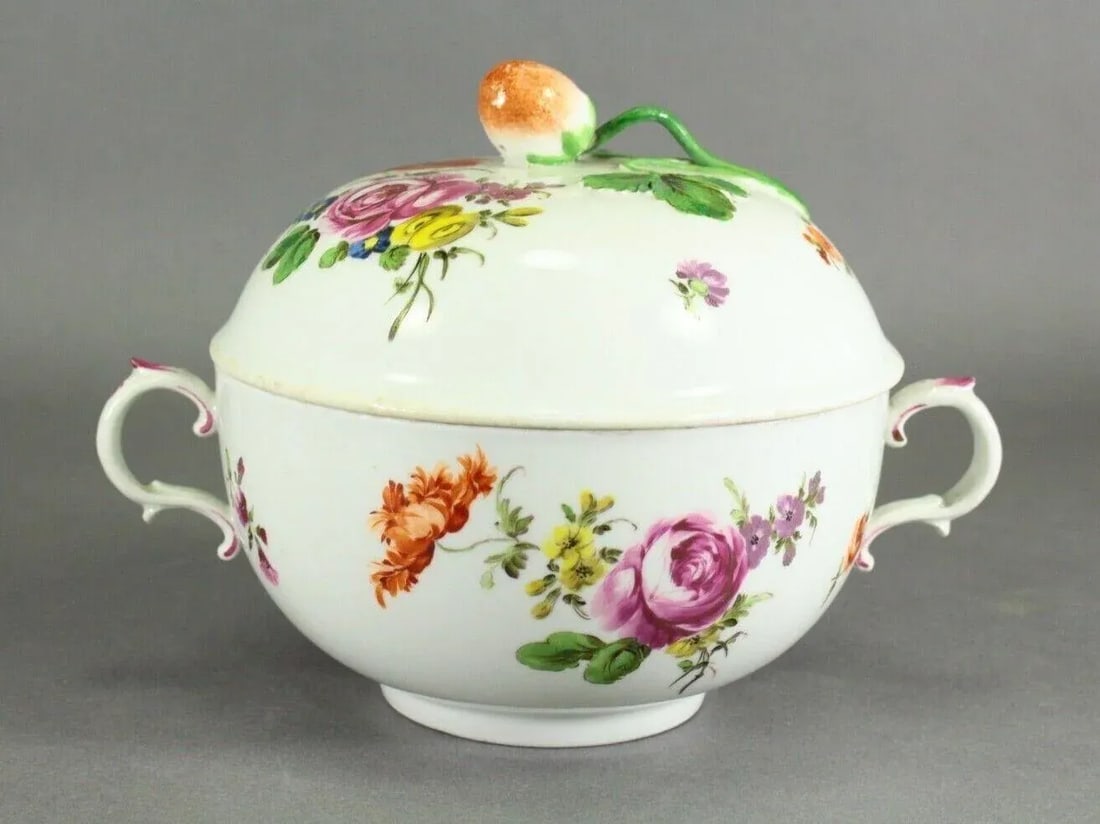 Circa 1756 Vienna Porcelain Ecuelle Bowl & Cover W. Strawberry Knob - 13