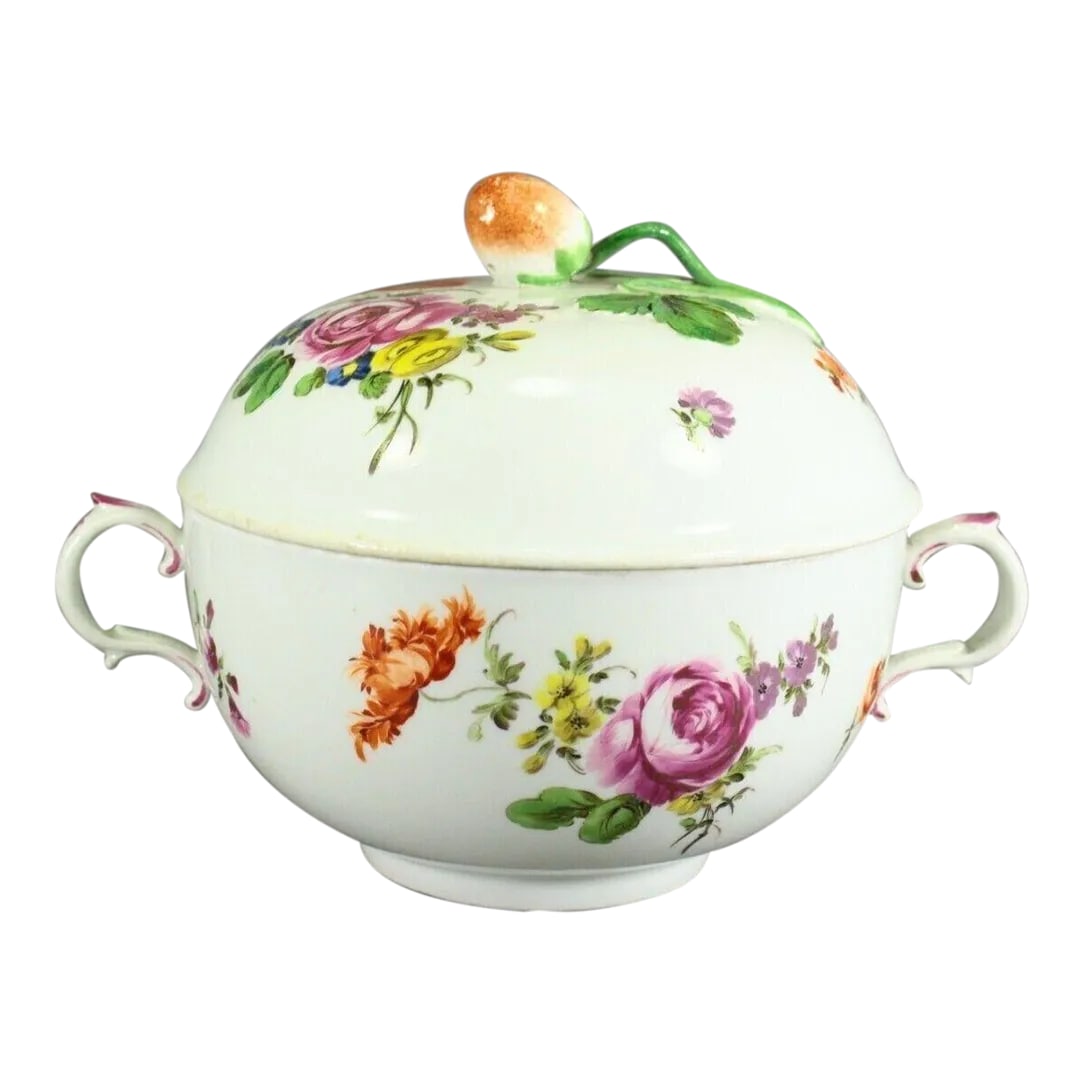 Circa 1756 Vienna Porcelain Ecuelle Bowl & Cover W. Strawberry Knob: A very delicate and lovely early Vienna porcelain factory ecuelle bowl with cover Ecuelle cups or bowls were used in the 18th century to serve broth or bouillon mostly in the bedroom or boudoir The li