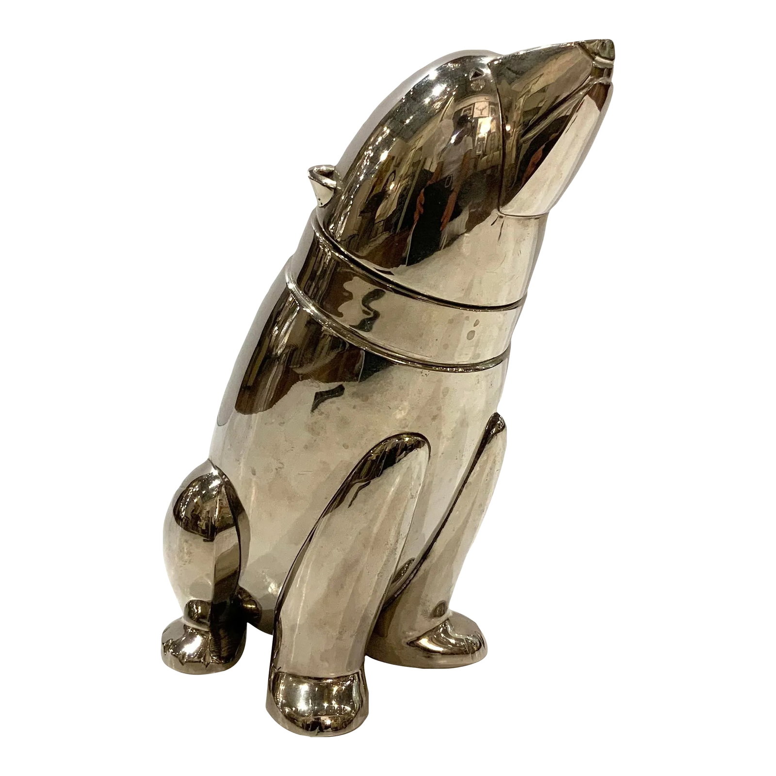 1950s Plated Silver Polar Bear Cocktail Shaker: 1950s Plated silver polar bear drink shaker. Head comes off and has a drainer inside. Condition: Alterations: Original Condition Unaltered Imperfections: Some Imperfections Condition Notes: Great