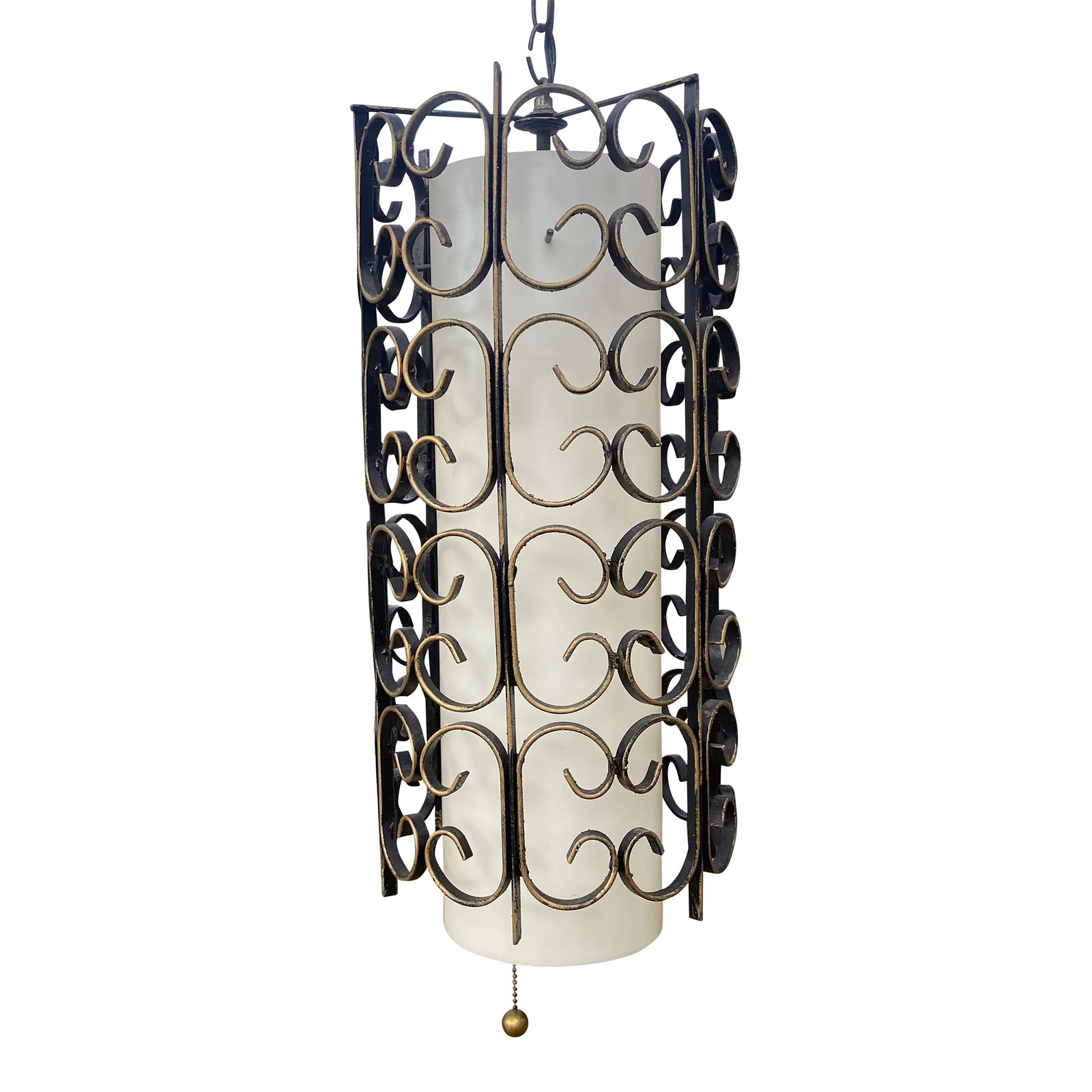 Mid-Century Wrought Iron Hanging Swag Light.: Mid Century scroll wrought iron hanging light with white cylinder shade and chain pull switch. Has a 14' cord which allows versatile placement of the light. Swag lamps allow you to add lighting where