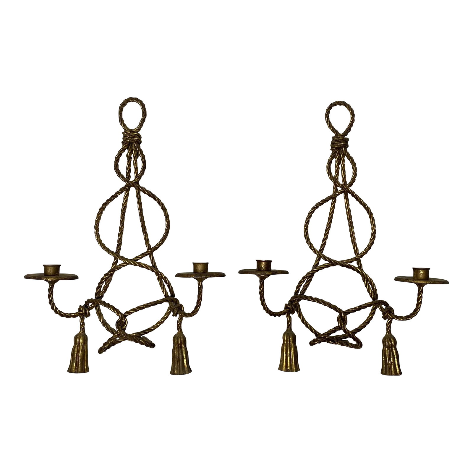 Vintage Italian Tole Sconces: Pair of mid century Italian gilt tole sconces in a twisted rope and tassel design that could easily be electrified if so desired Condition: Alterations: Original Condition Unaltered Imperfections:
