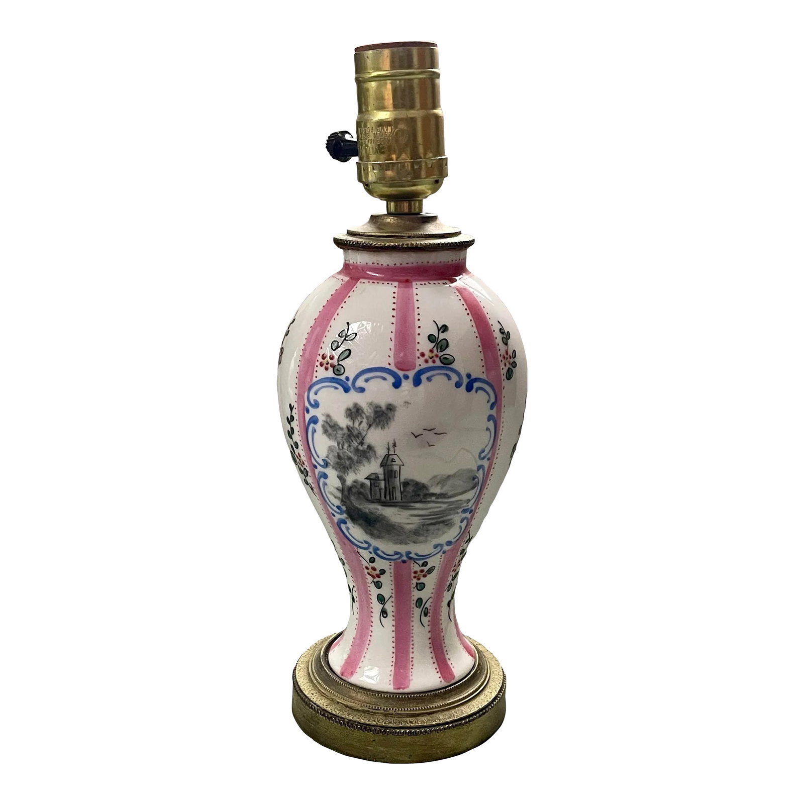 Mid 20th Century Scenic French Pink & White Striped Table Lamp: An interesting painted mid 20th century table lamp featuring a charming pair of landscapes. Each side is unique and displays monochromatic vignettes of the French countryside in a framework of