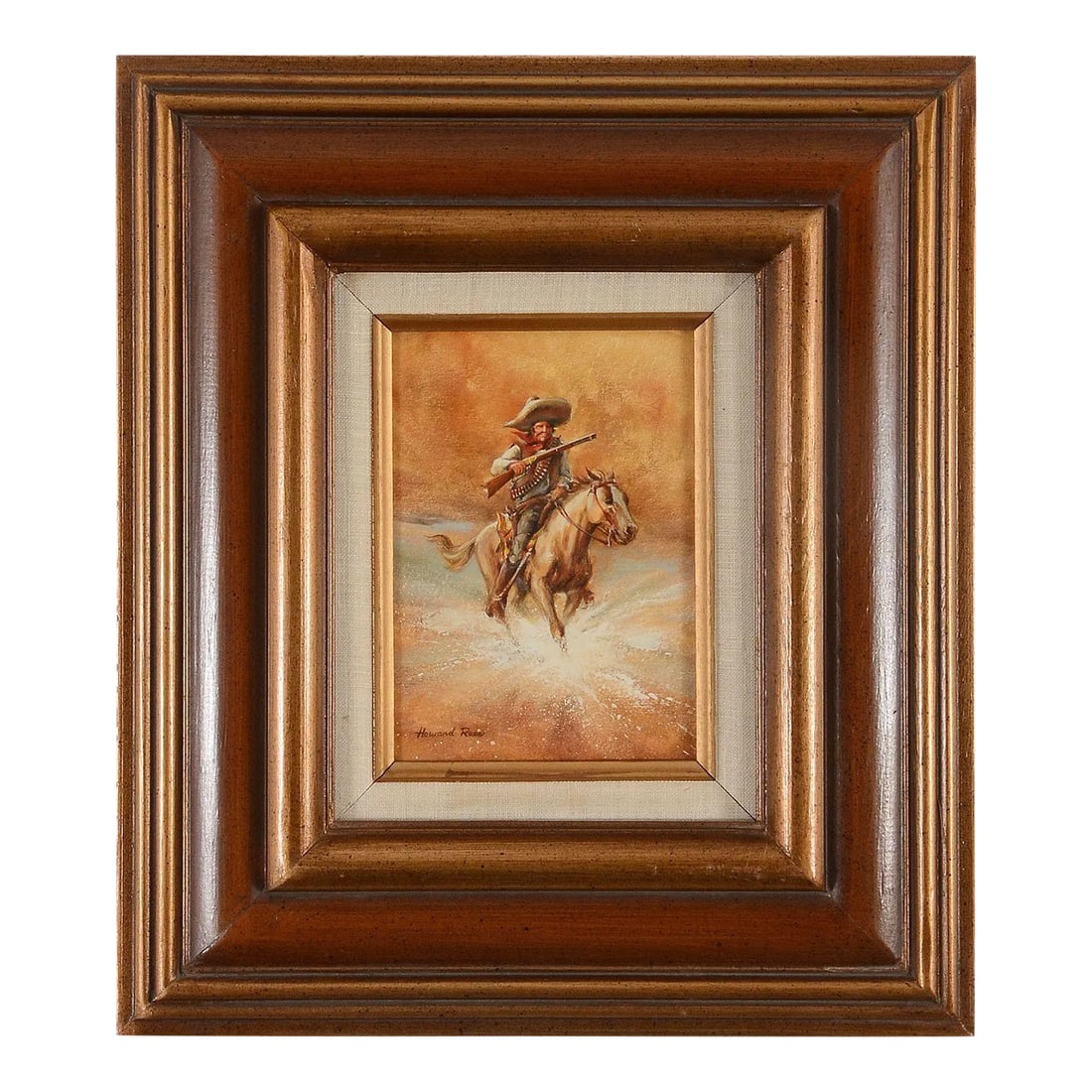 Howard Rees "Leaving No Tracks" Oil Painting: Framed American oil painting "Leaving No Tracks" by Howard Rees. This oil painting by Howard Rees shows a man on horseback riding through water. Dimensions (Image) 7''H x 5''W; (Frame) 15''H x
