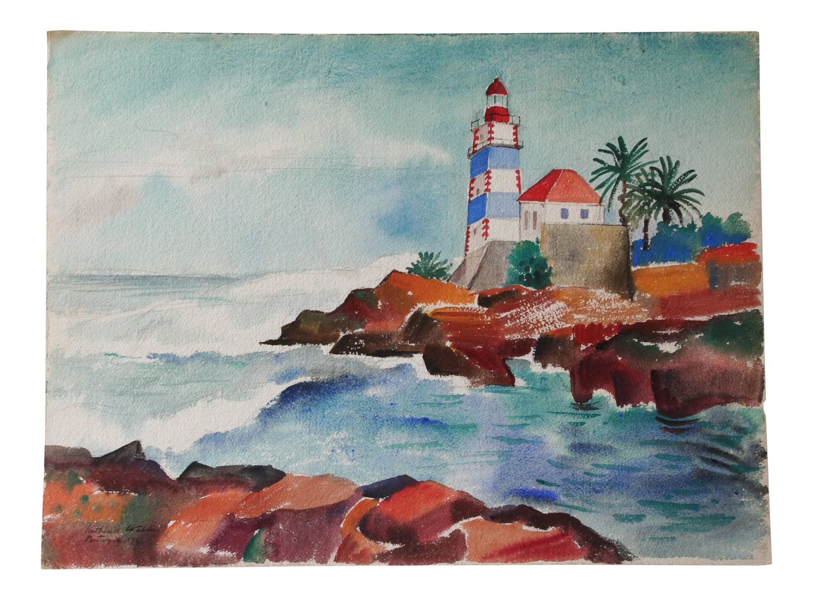 1951 Watercolor of Portugal: Colorful seascape of Portugal. Signed "Kathleen Walker, Portugal 1951" lower left. Coastal, nautical, lighthouse. Condition: Alterations: Original Condition Unaltered Imperfections: Some
