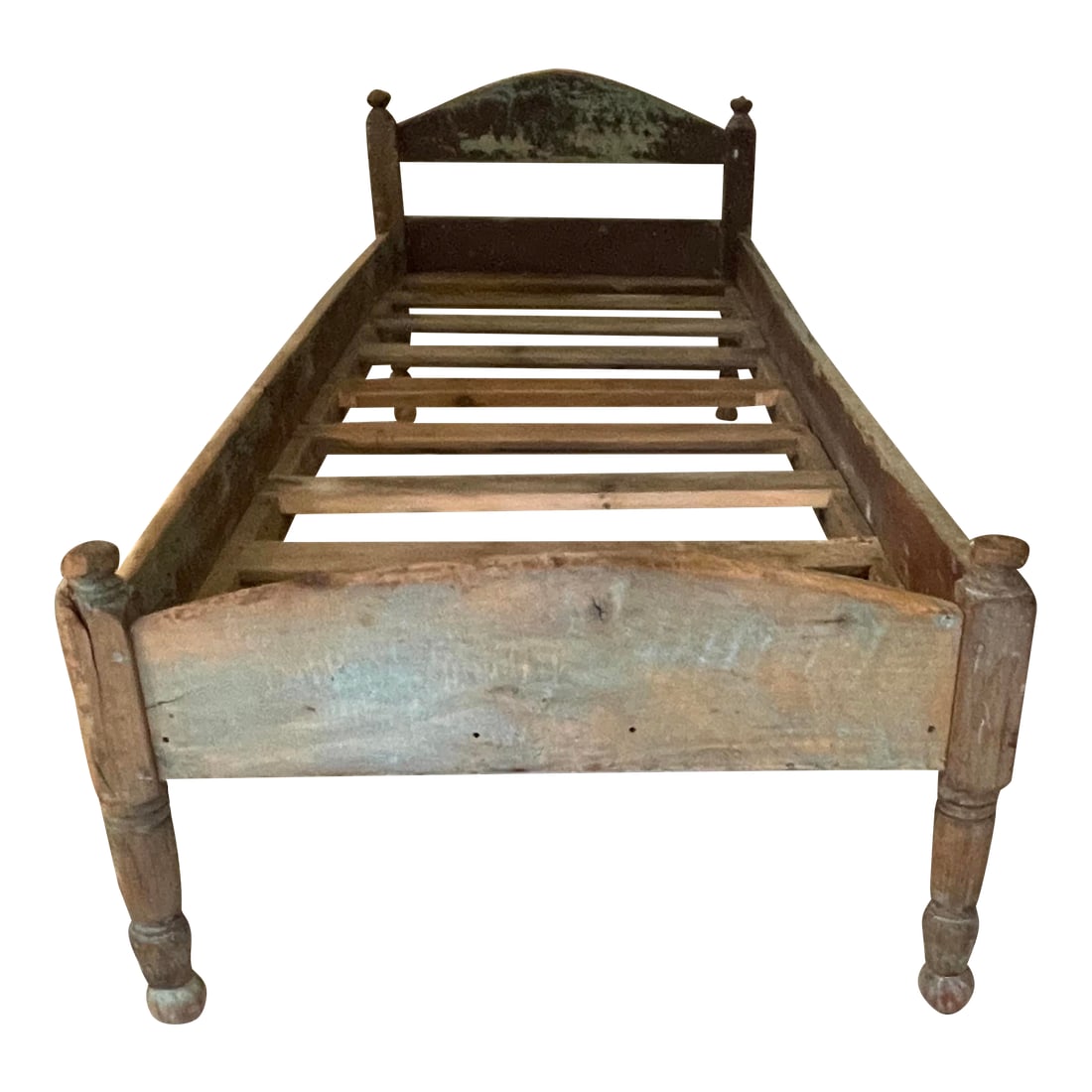 19th Century Primitive Painted Daybed: Charming, diminutive antique, painted daybed with the perfect faded blue patina. Currently being used as seating in a living room, the piece would work equally well in a child's bedroom for