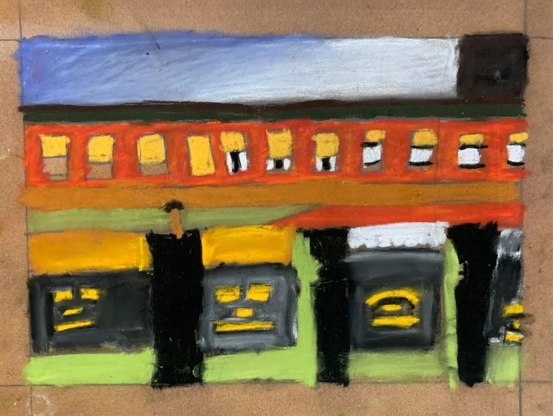 Vintage Abstract City Scene Pastel Drawing: A city like scene breaking away from realism and expressing itself in a newly found delight in color, movement and line. Feels inspired by a well known Edward Hopper painting titled Early Sunday