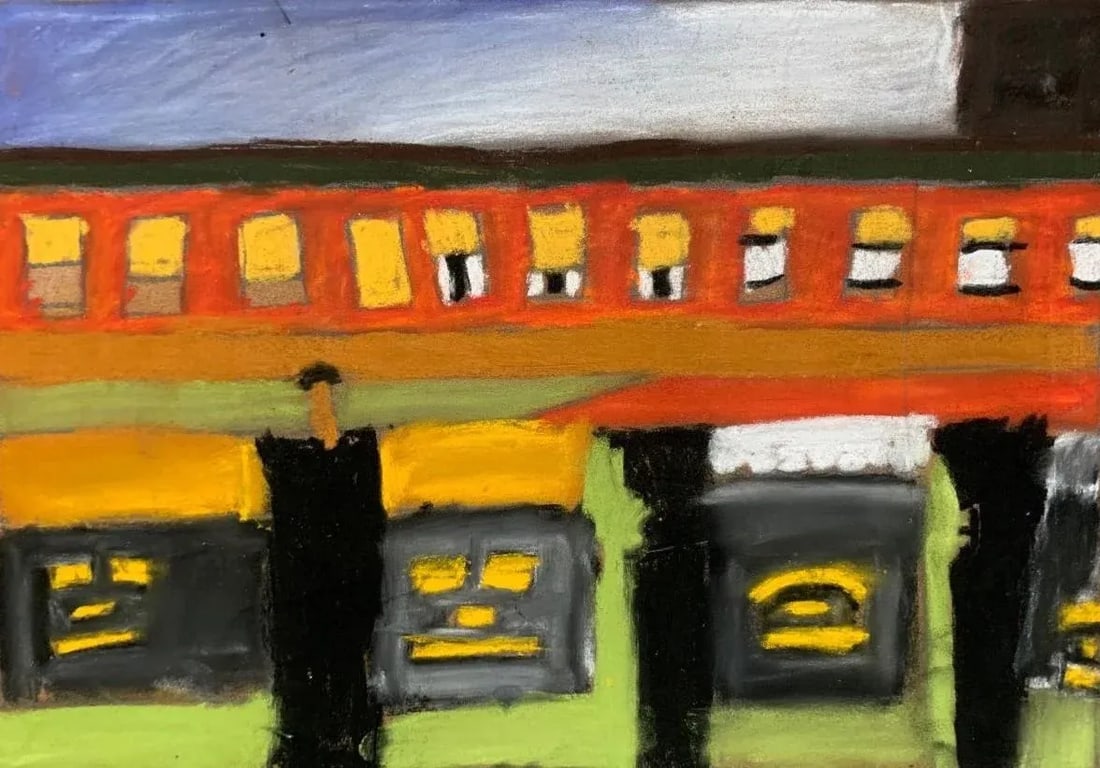 Vintage Abstract City Scene Pastel Drawing - 2