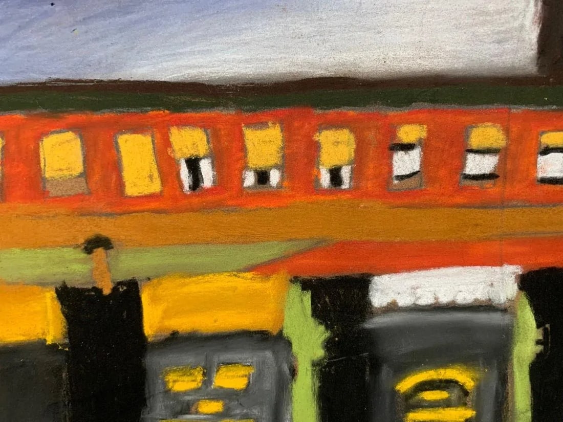 Vintage Abstract City Scene Pastel Drawing - 6