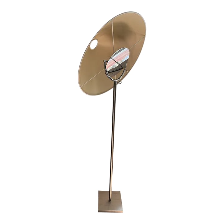 Ligne Roset Floor Lamp With Adjustable Shade: Two-tone metal, stem is brushed, I believe nickel, and "equestrian" inspired neck/tab is polished. See photos. Lamp shade is 24" diameter at base with 3" opening at top. Shade is approximately 9"