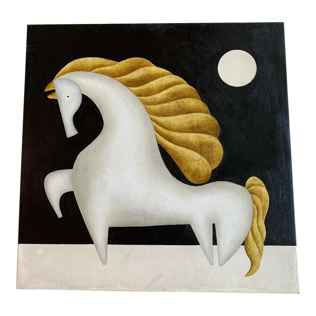 1960s "The Horse" Cubist Animal Portrait Painting: Elegant white horse with gold mane. Truly a one of a kind image with a proud prancing horse. Condition: Alterations: Restored Imperfections: Some Imperfections Condition Notes: The painting was