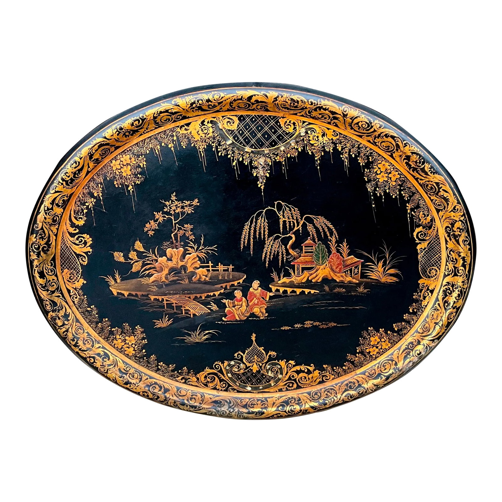 19th Century English Regency Papier-Msqrtcchsqrt(C) Chinoiserie Japanned Tray: This is a 19th century Regency papier-mache chinoiserie tray. In addition to the lovely pen-work, it has mother of pearl inlay. It is not marked. Lite and general wear. Condition: Alterations: