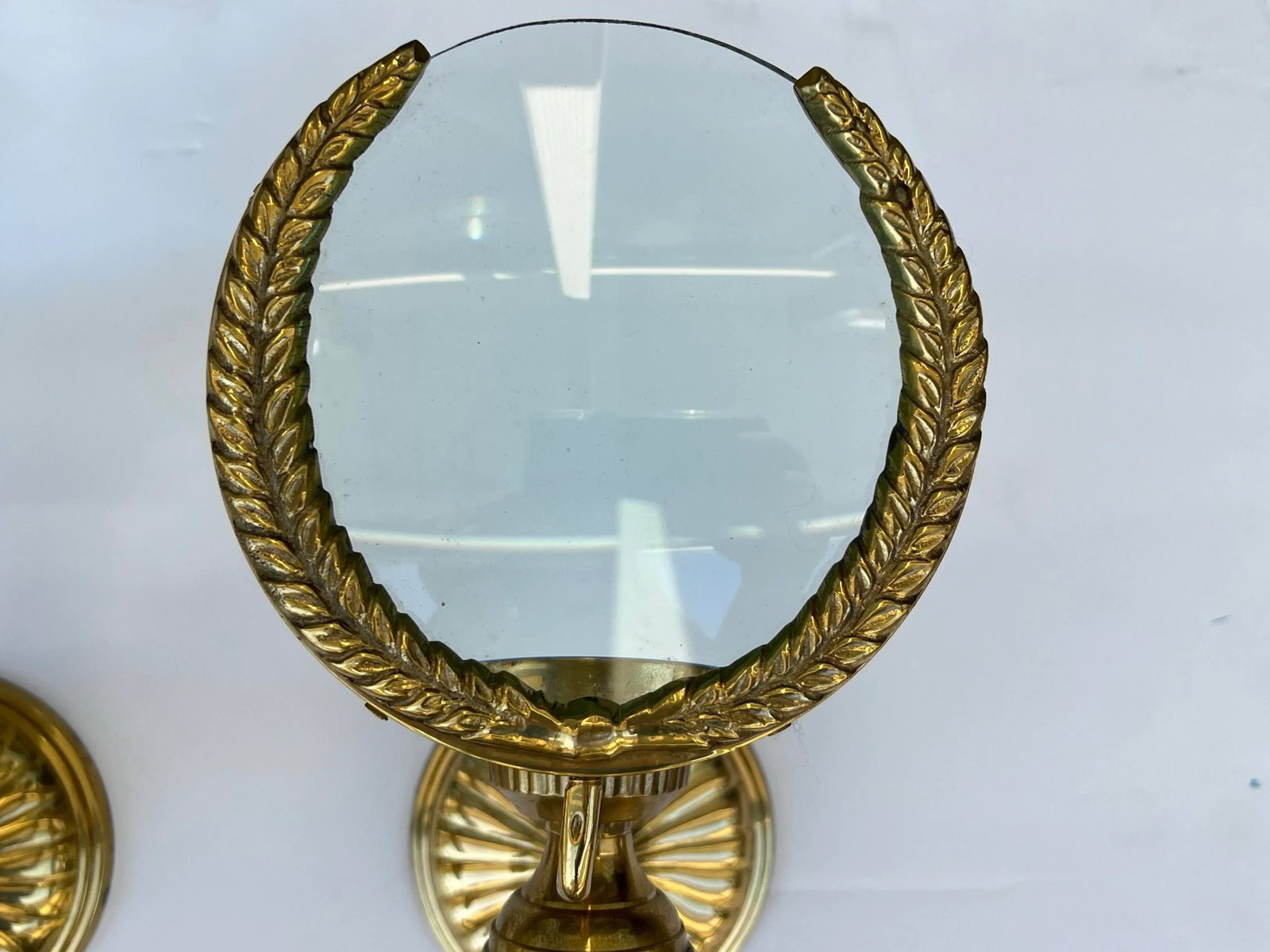 Mid-Century Neo- Classical Style Cast Brass Magnifying Glass Sconces - Pair - 4