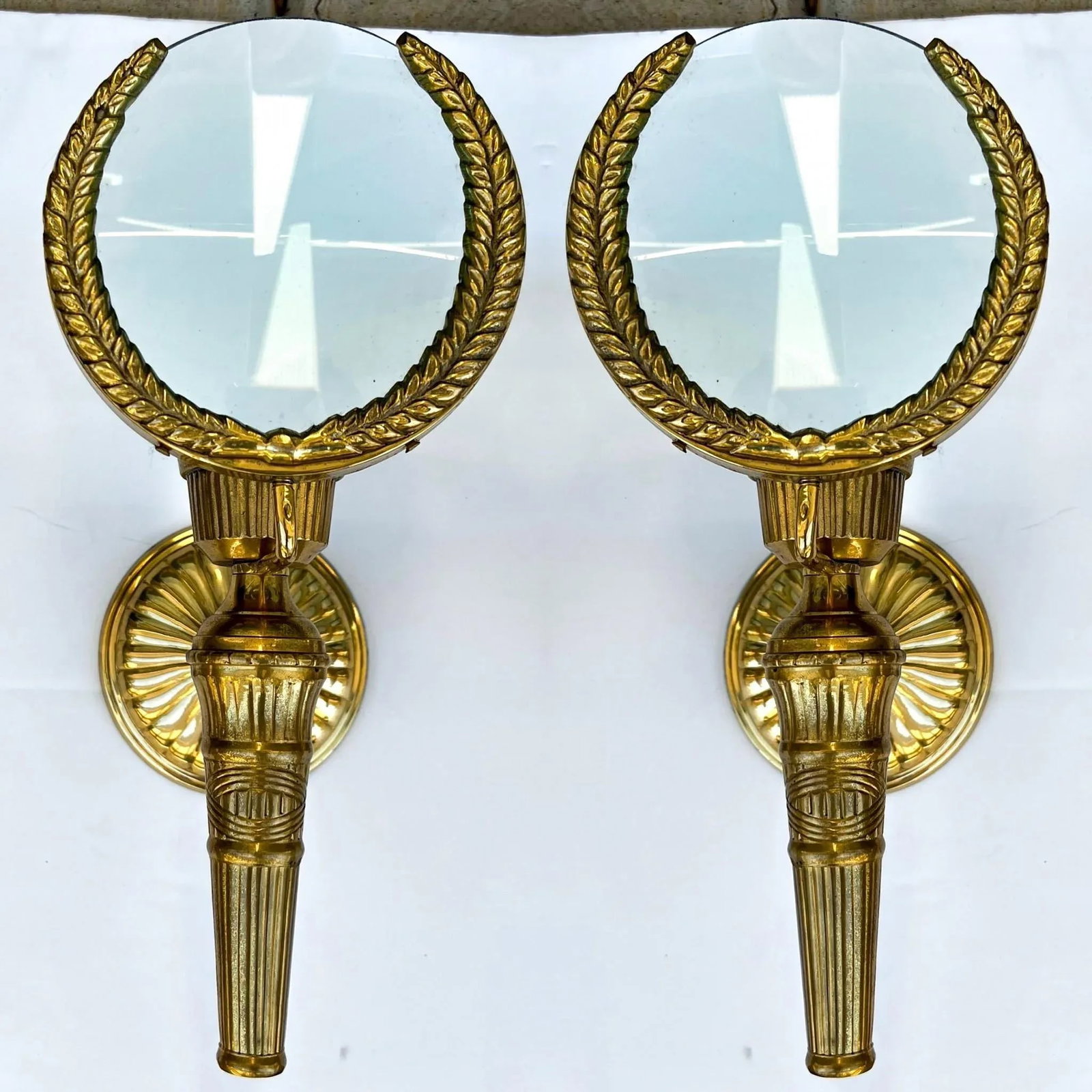 Mid-Century Neo- Classical Style Cast Brass Magnifying Glass Sconces - Pair - 8