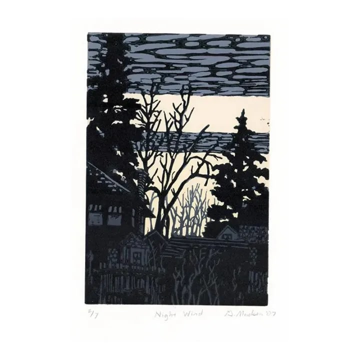 2007 Ginnie Madsen Night Wind Relief Print: Night Wind Wyoming landscape linocut by Laramie Wyoming artist Ginnie Madsen. Pencil signed and numbered 2 of 7. Condition: Alterations: Original Condition Unaltered Imperfections: Some Imperfections