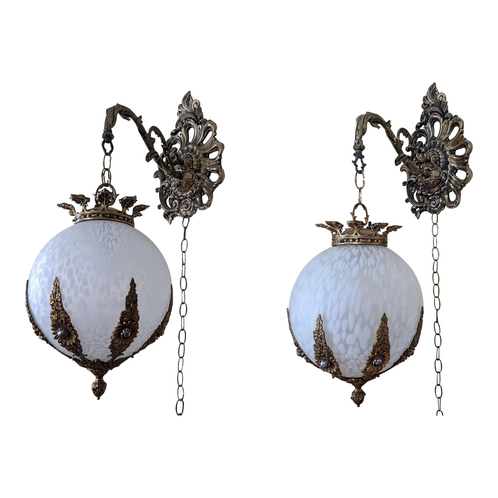 Pair of 1960's Art Deco Hanging Globe Swag Lamps: Beautiful and unique pair of swag lamps from the 1960's in excellent vintage condition. Intricate brass details and patterned glass globes. See condition notes and photos for a closer look at these