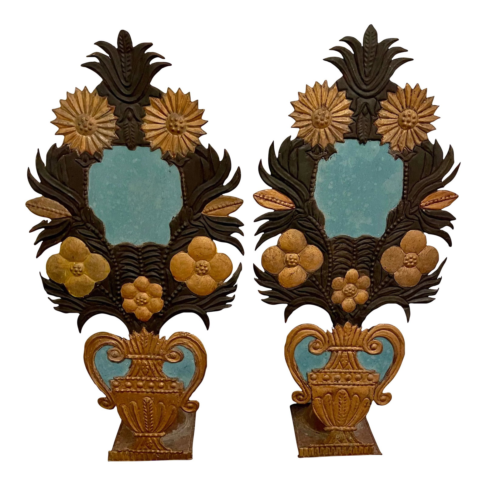 19th Century French Art Deco Painted Tole Metal Altar Flowers - a Pair: Stunning tall pair of French antique Art Deco metal tole altar flowers in beautiful and dramatic colors of turquoise and gold. Stand Almost two feet tall; 11 x 5.5 x 21.5" H. Circa, 1800-1850.
